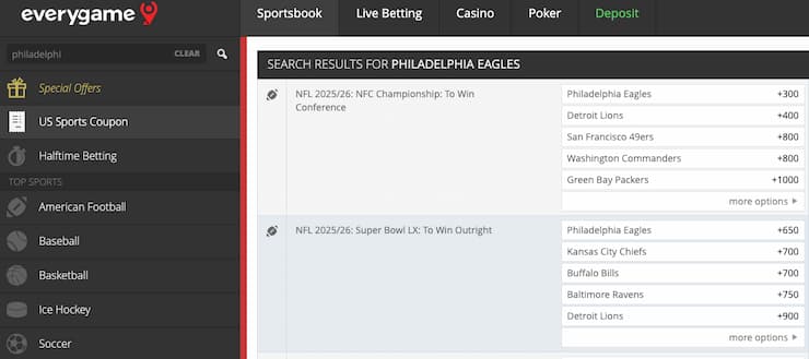 An image of betting odds at the Delaware betting site Everygame 